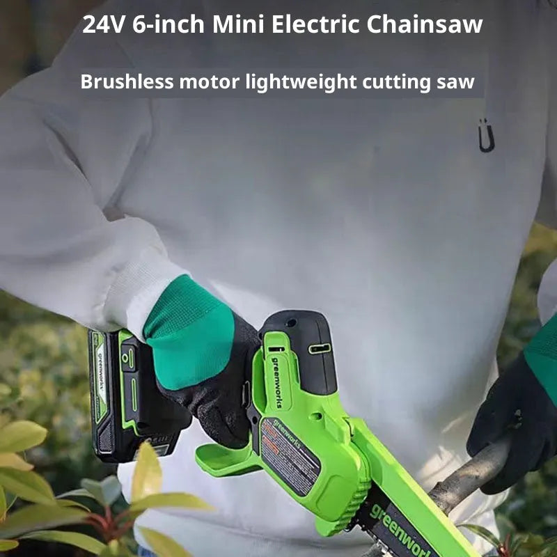 6-inch cordless electric chainsaw with 24V lithium battery, two batteries and a charger
