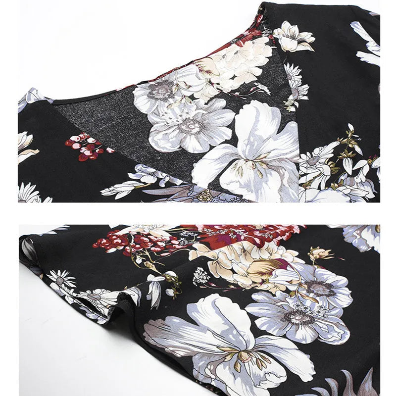 Floral print women's beach dress with V neck and elastic waist in blue colour