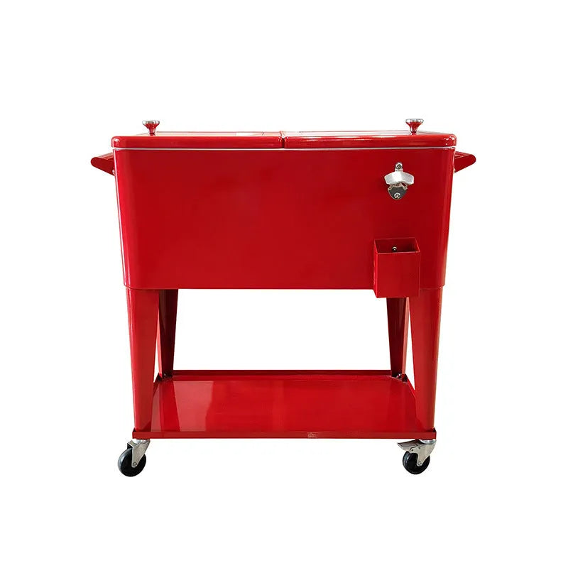 Red outdoor metal insulated trolley cooler box with 750ml capacity