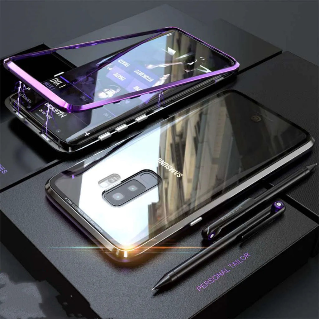 Black magnetic clamshell phone case with anti-peeping screen for Samsung Galaxy phones, shown open.