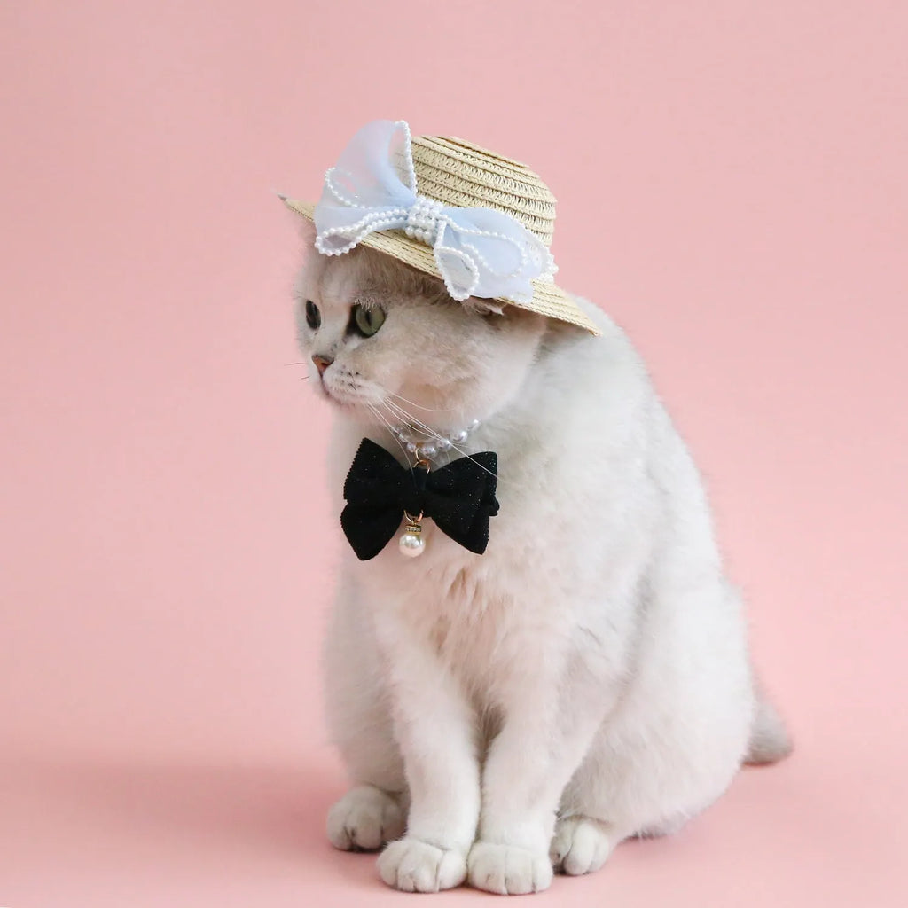 Woven straw pet hat with pearl bow decoration in pink, purple, blue or white colour options