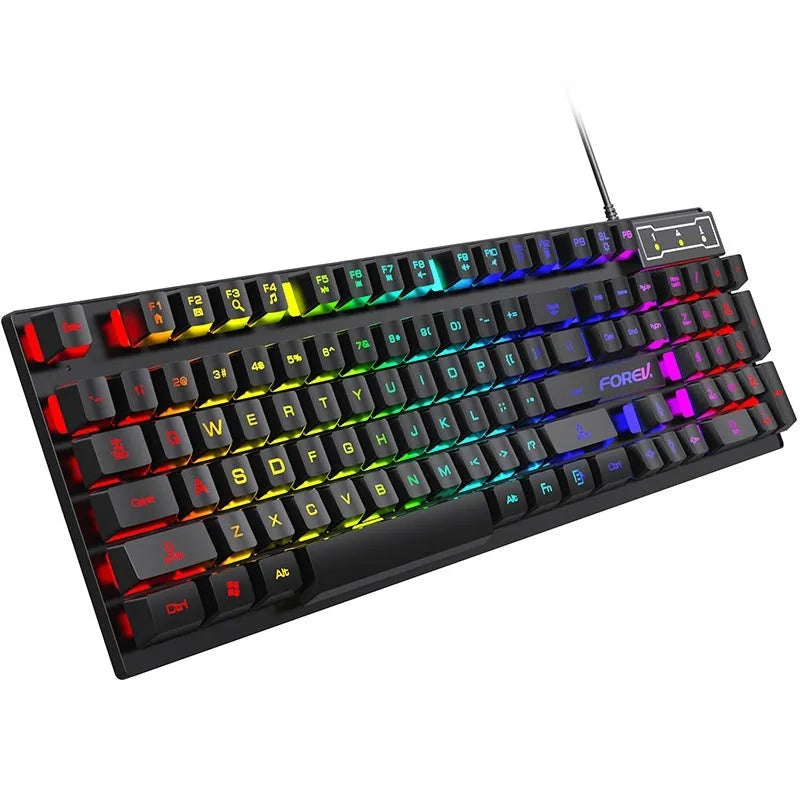 Black 104-key gaming keyboard with backlight and matching mouse on desk