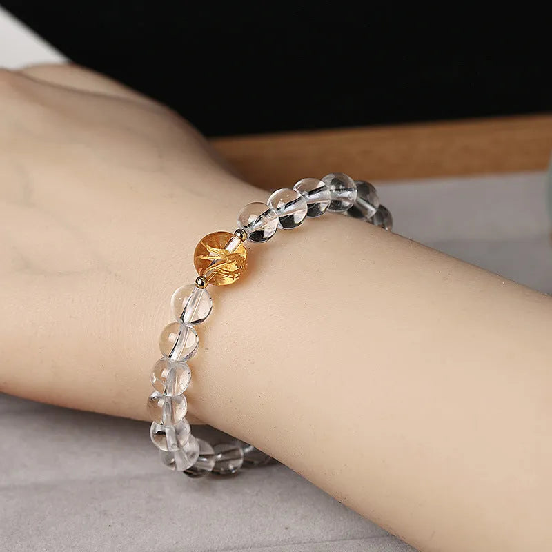Geometric obsidian white crystal bracelet with black agate beads for 14-16cm wrists