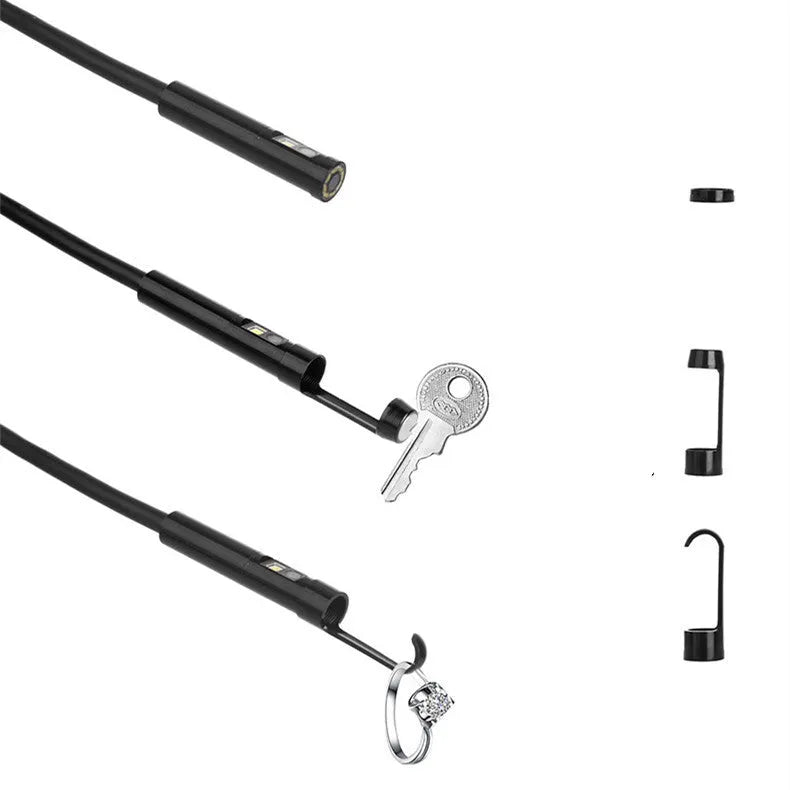 F300 wireless endoscope with dual 5.5mm and 8mm cameras, magnet, hook, and 20m cable on a smartphone display.