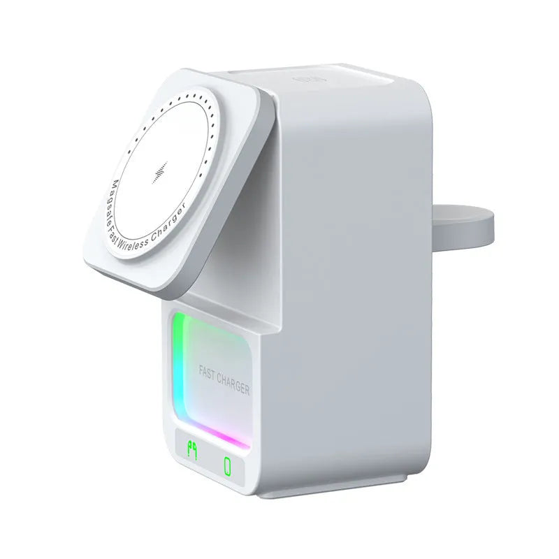 White and black Bluetooth speaker with integrated wireless charging surface showing 23W fast charging capability