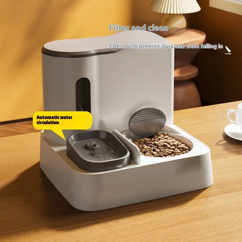 Grey cat automatic feeder and water dispenser station with integrated double bowls.