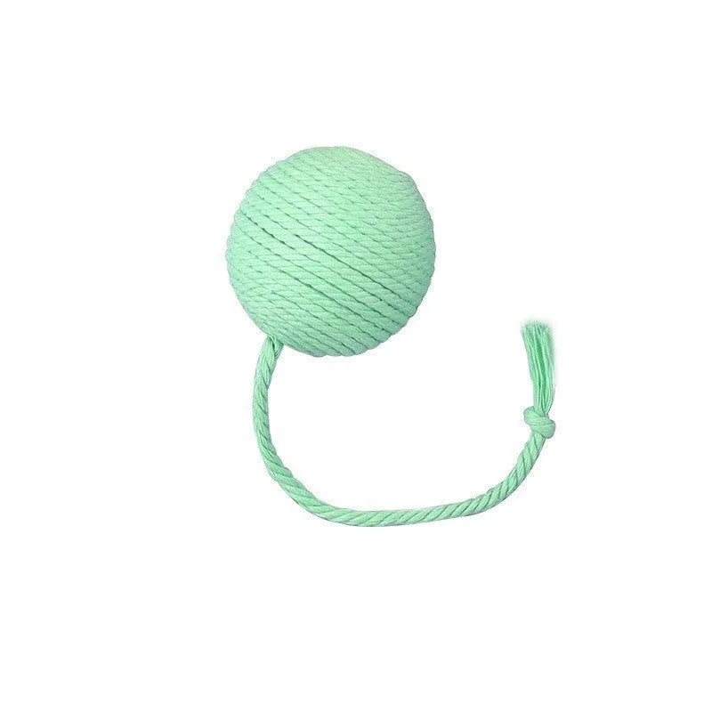 Colourful cat toy ball with attached rope and internal bell in green, pink, purple, and yellow options