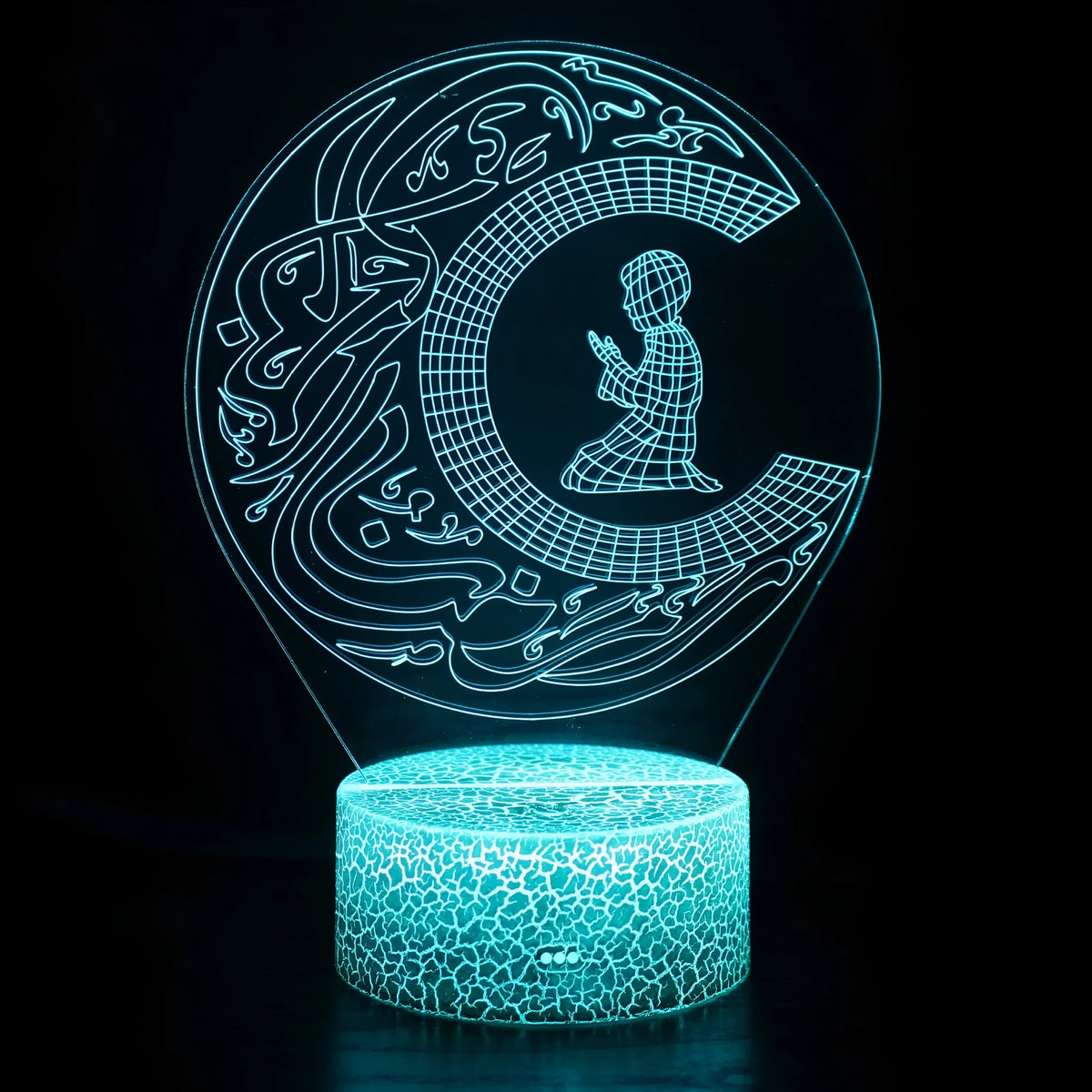 3D cartoon-style LED night lamp with black touch base, showing multiple colour changes on a bedside table.