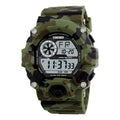 Red electronic sports watch with round dial, plastic strap, showing GMT and calendar functions.