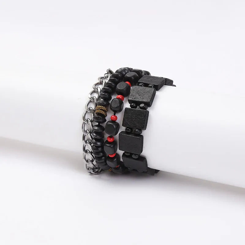 Four-piece alloy beaded bracelet set with handmade woven detail, unisex retro style, four colours