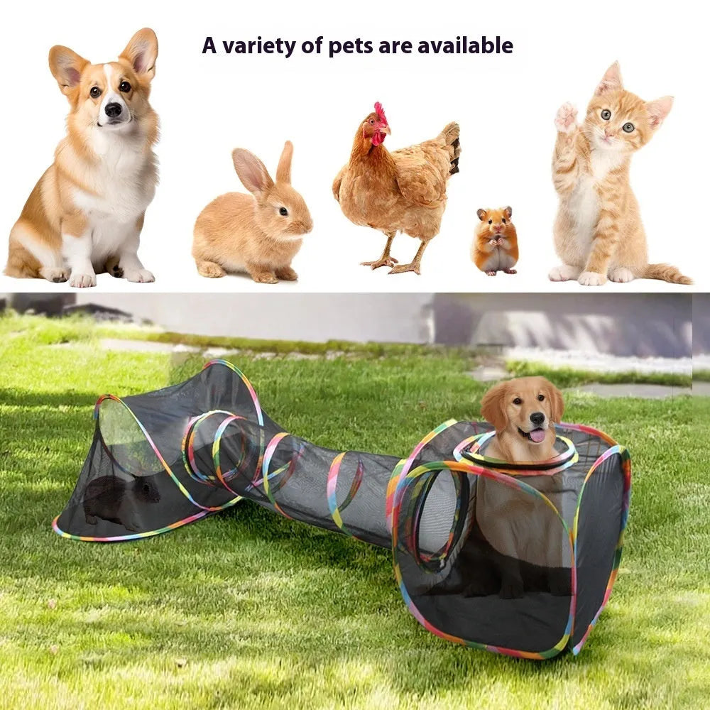Foldable mesh cat cage showing multiple panel designs including hexagonal and square styles