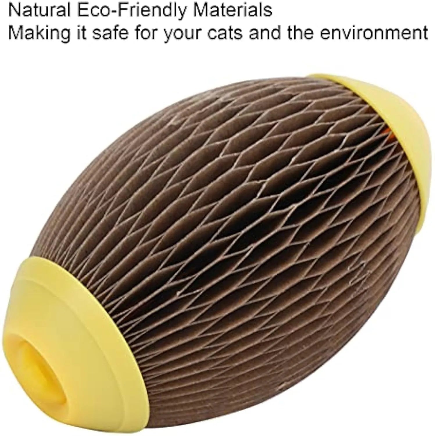 Elliptical football‑shaped cat toy made from brown recycled corrugated paper, shown next to a ball of catnip.