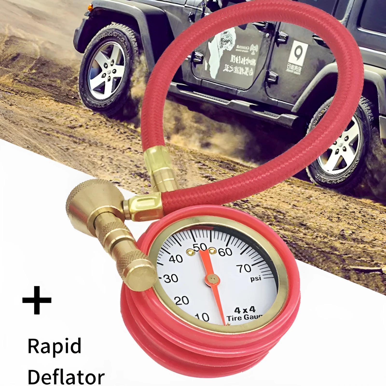 Off-road vehicle tyre pressure gauge with mechanical rapid deflation function in metal body rubber shell