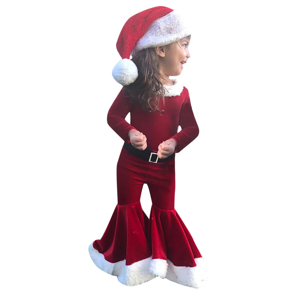 Red Korean velvet children's Christmas three-piece set with shirt, bell bottoms, and hat on display