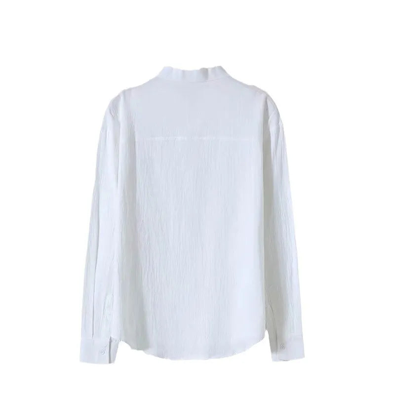 Men's long sleeve round neck loose linen shirt in solid white, black, or green, summer casual top