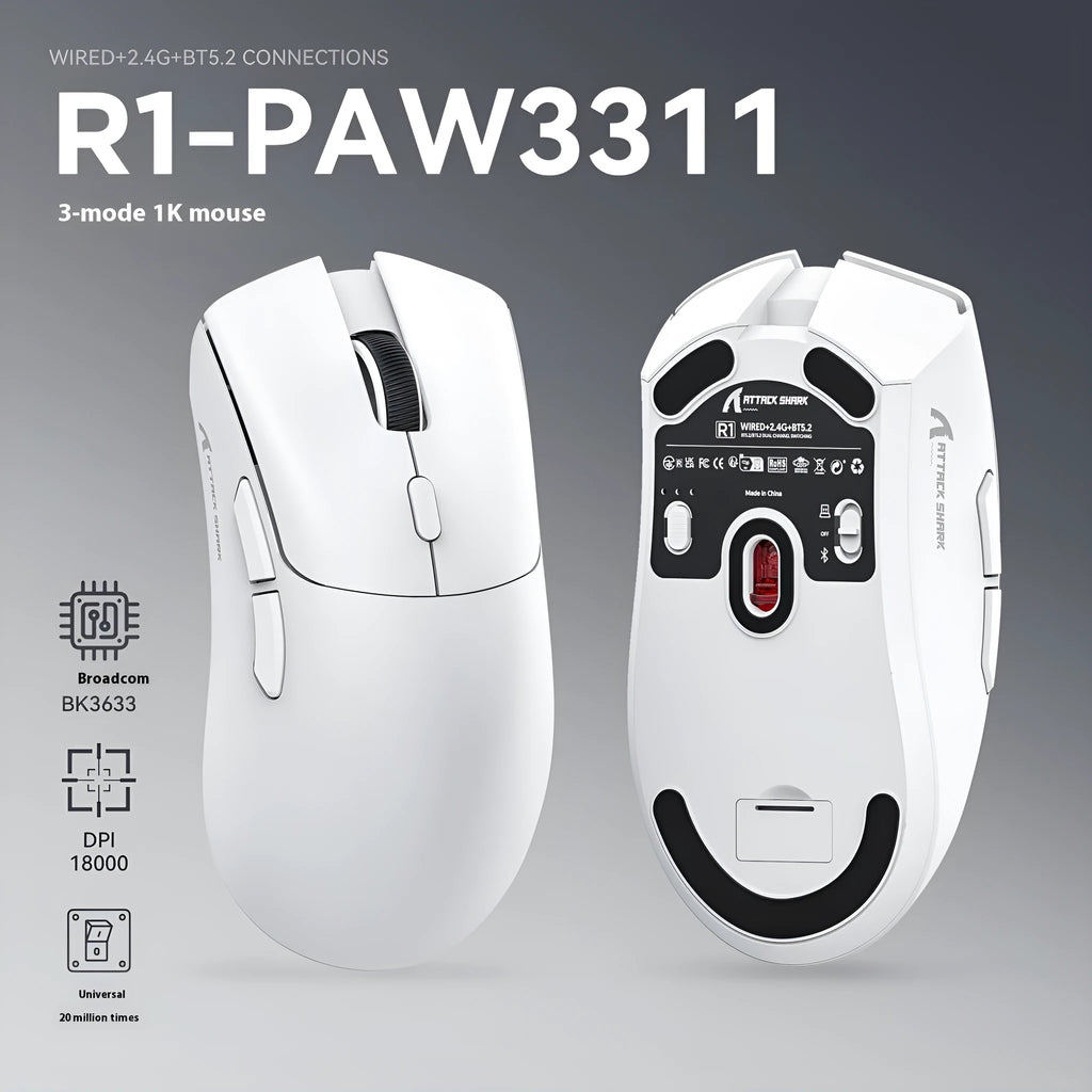 Attack Shark wireless gaming mouse in black, red and white colours showing compact design