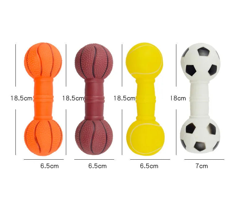 Football dumbbell shaped dog squeaky chew toy in brown, orange, white, and yellow colour options