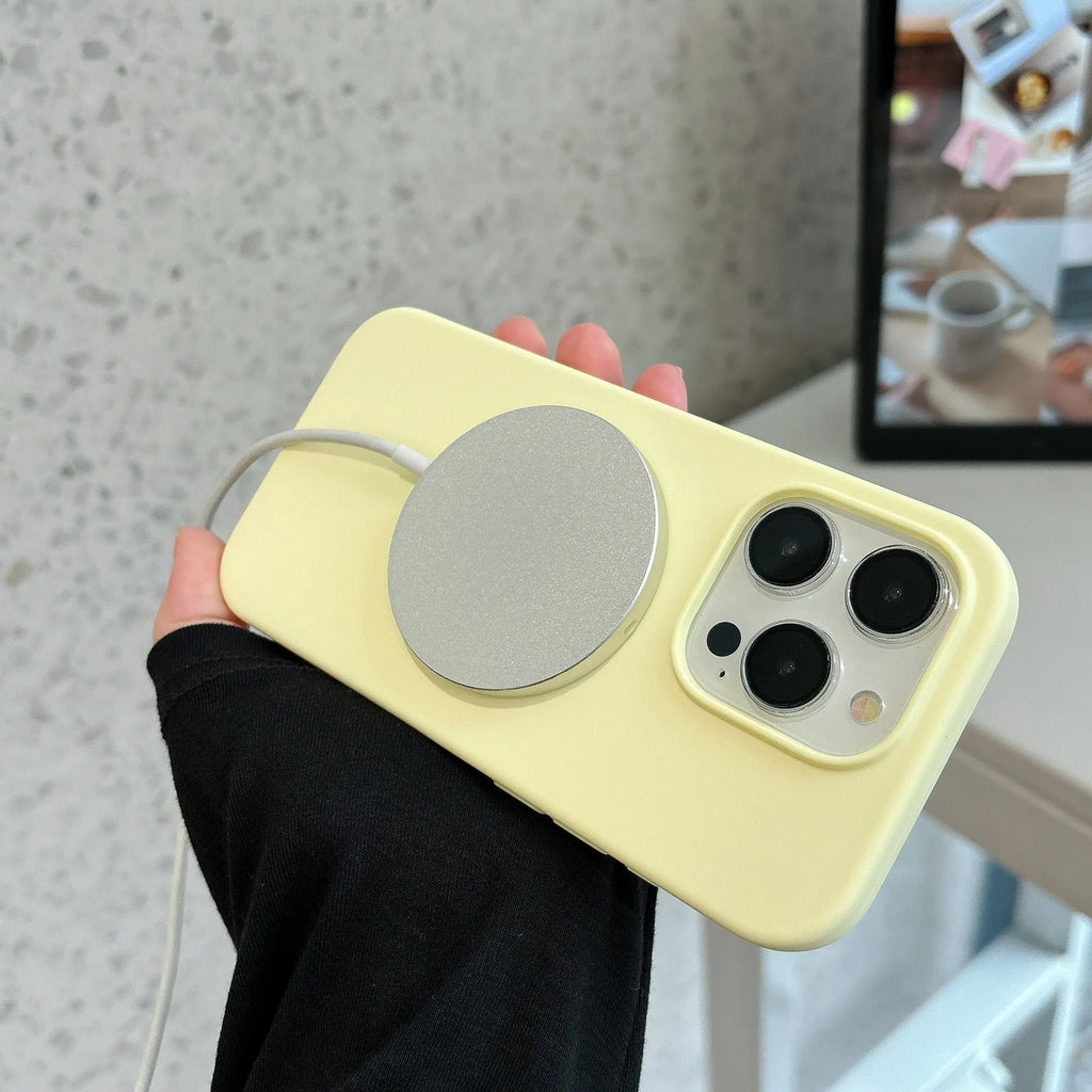 Liquid silicone magnetic phone case for iPhone 15 in creamy yellow with frosted finish
