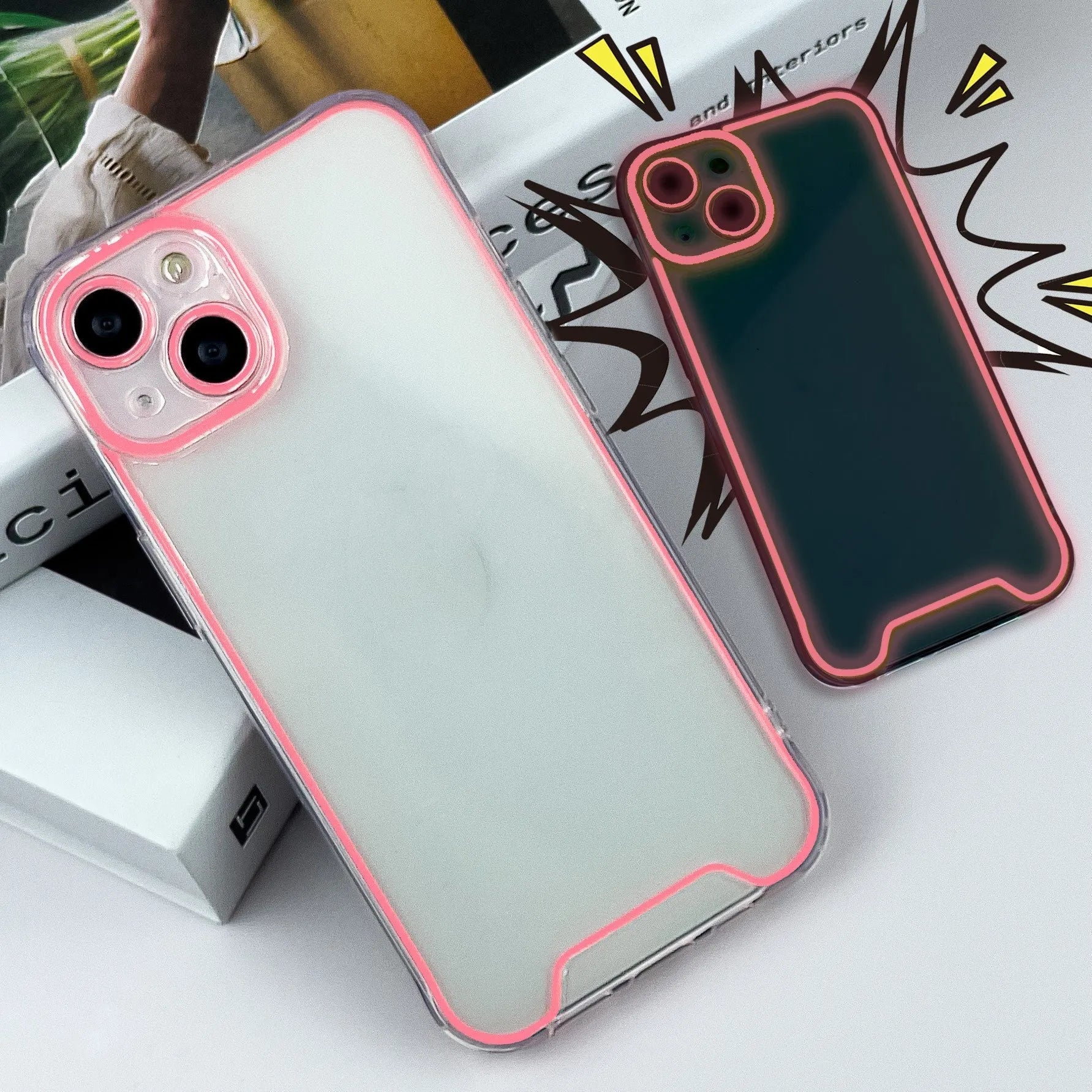 Glow in the dark green soft TPU phone case for iPhone on a dark background.