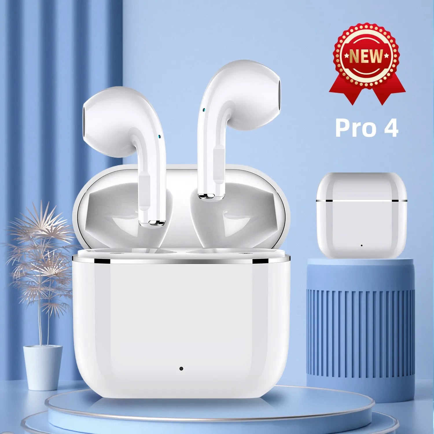 Wireless half in-ear Bluetooth headset in white with plastic build and compact charging case