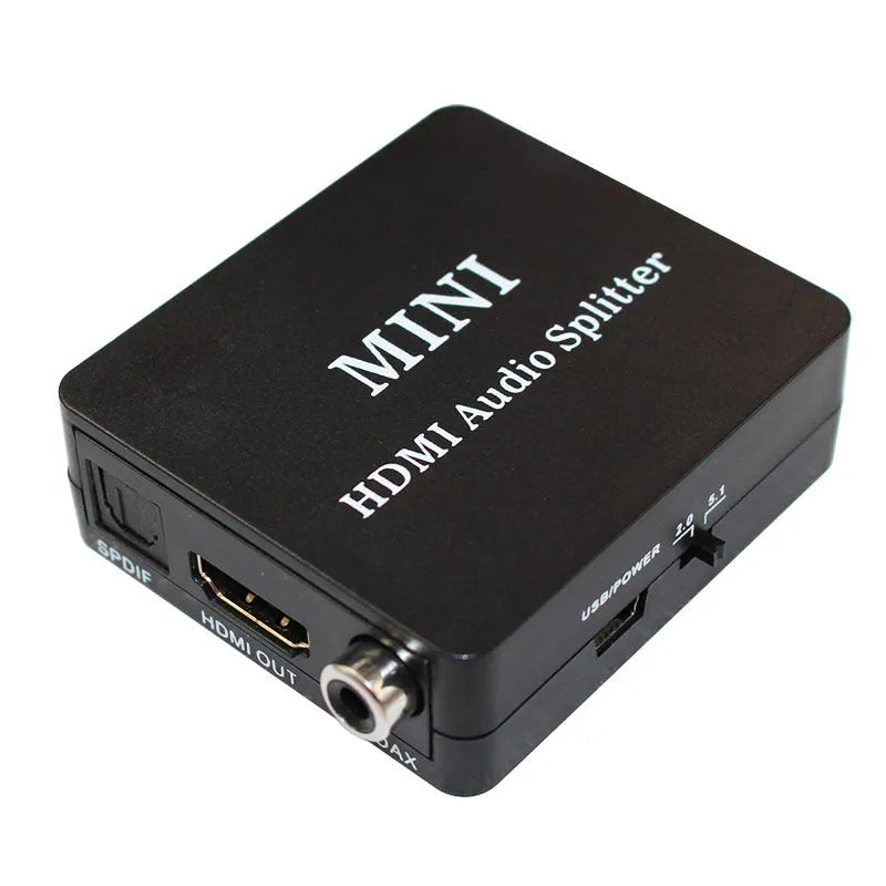 Black audio video splitter with HDMI input and output plus SPDIF and R L audio ports