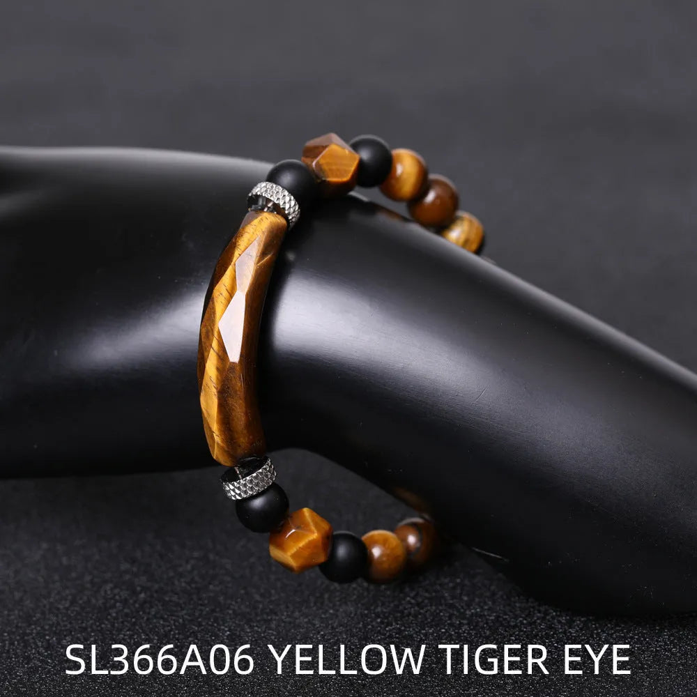 Handmade diamond-cut geometric agate bracelet with faceted beads and fan-shaped design elements