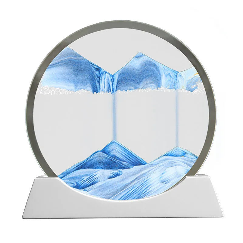 12 inch tall rotary desk lamp with moving quicksand art inside frosted glass, shown in blue finish.