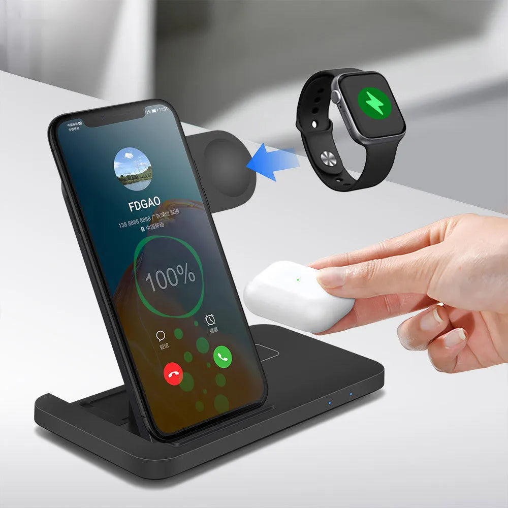Folding 3-in-1 wireless charger with 15W fast charge indicator light and Type-C cable in black finish