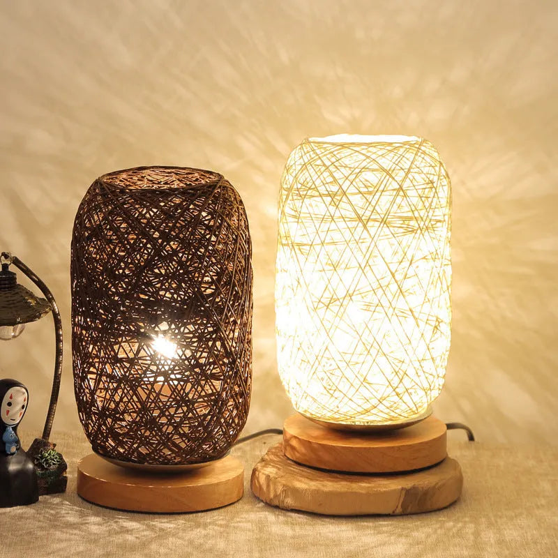 Brown hemp rope Sepak Takraw desk lamp with wooden base and USB cable.