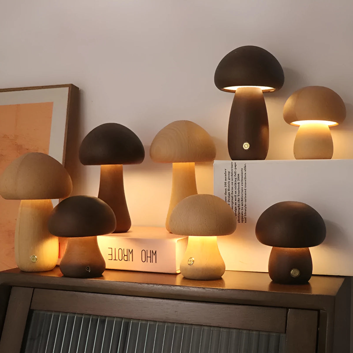 INS wooden mushroom LED night light with touch switch, walnut colour, on a bedside table