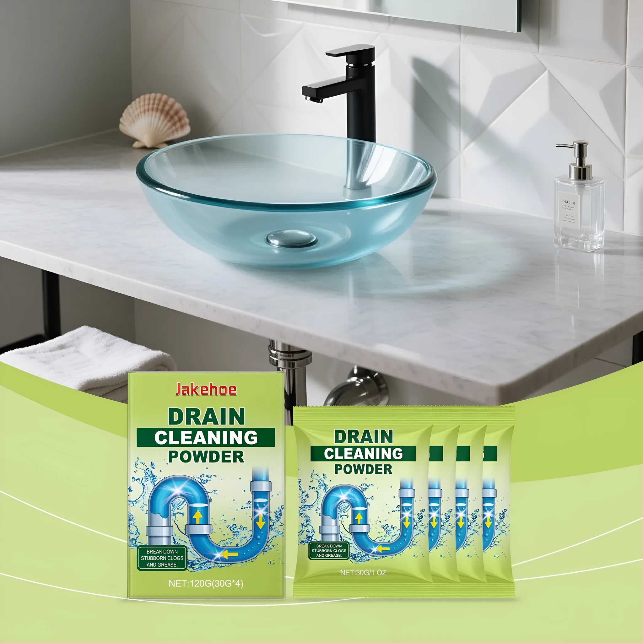 Tub of drain cleaning powder with sodium hydroxide, 120g capacity