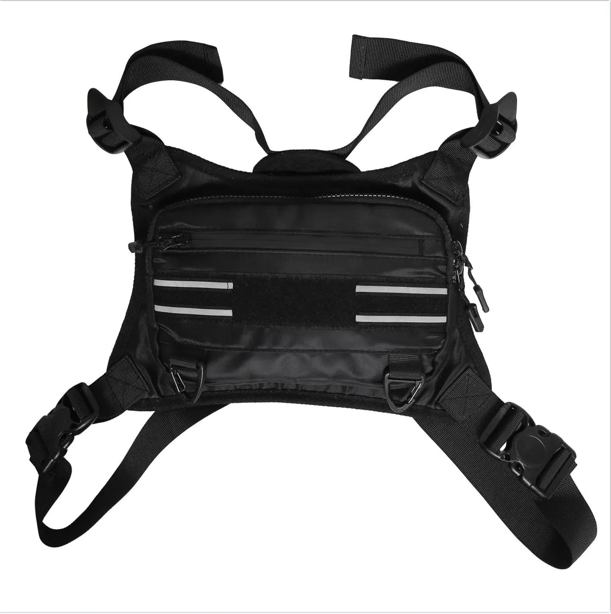 Black nylon tactical chest bag with reflective tooling style, solid colour, polyester lining and sewing thread detail