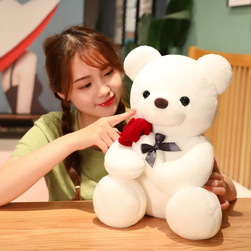 Rose bear teddy plush pillow in brown, beige, or grey with soft PP cotton filling