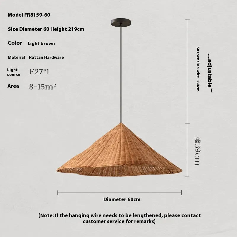 Natural rattan woven pendant ceiling lamp in Zen style, shown in 50cm, 60cm, and 80cm diameter options.