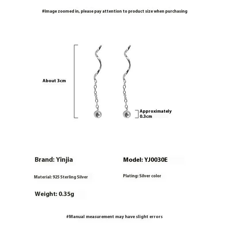 Niche Design S925 silver wavy ball hanging earrings with natural wave shape and round beads