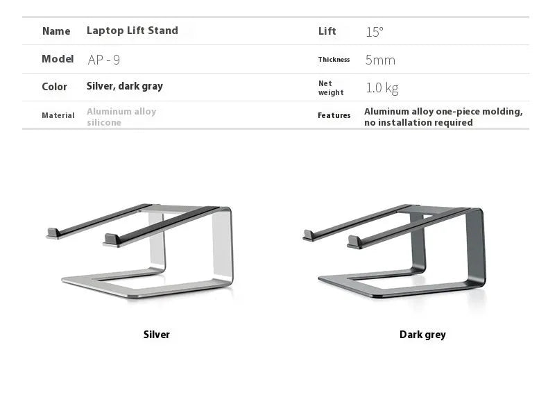 Adjustable aluminium laptop stand in black colour on desk surface