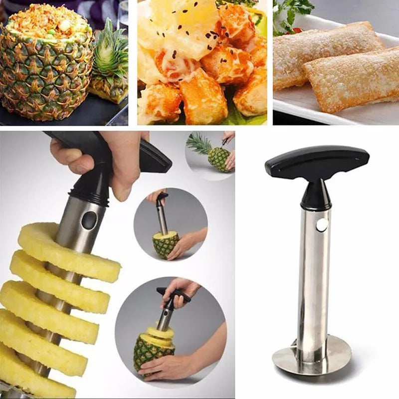 Stainless steel pineapple peeler with ergonomic handle and sawtooth blade on a countertop