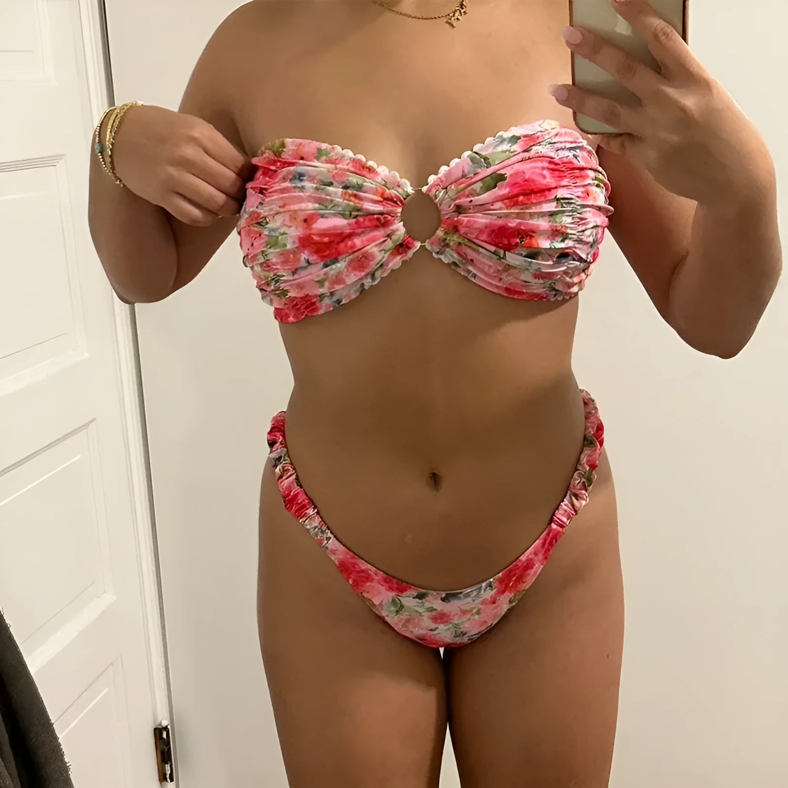 Women's floral printed bikini set with lace trim tube top and matching briefs