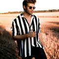 Men's black and white striped short sleeve casual shirt in hemp cotton blend, M to 3XL