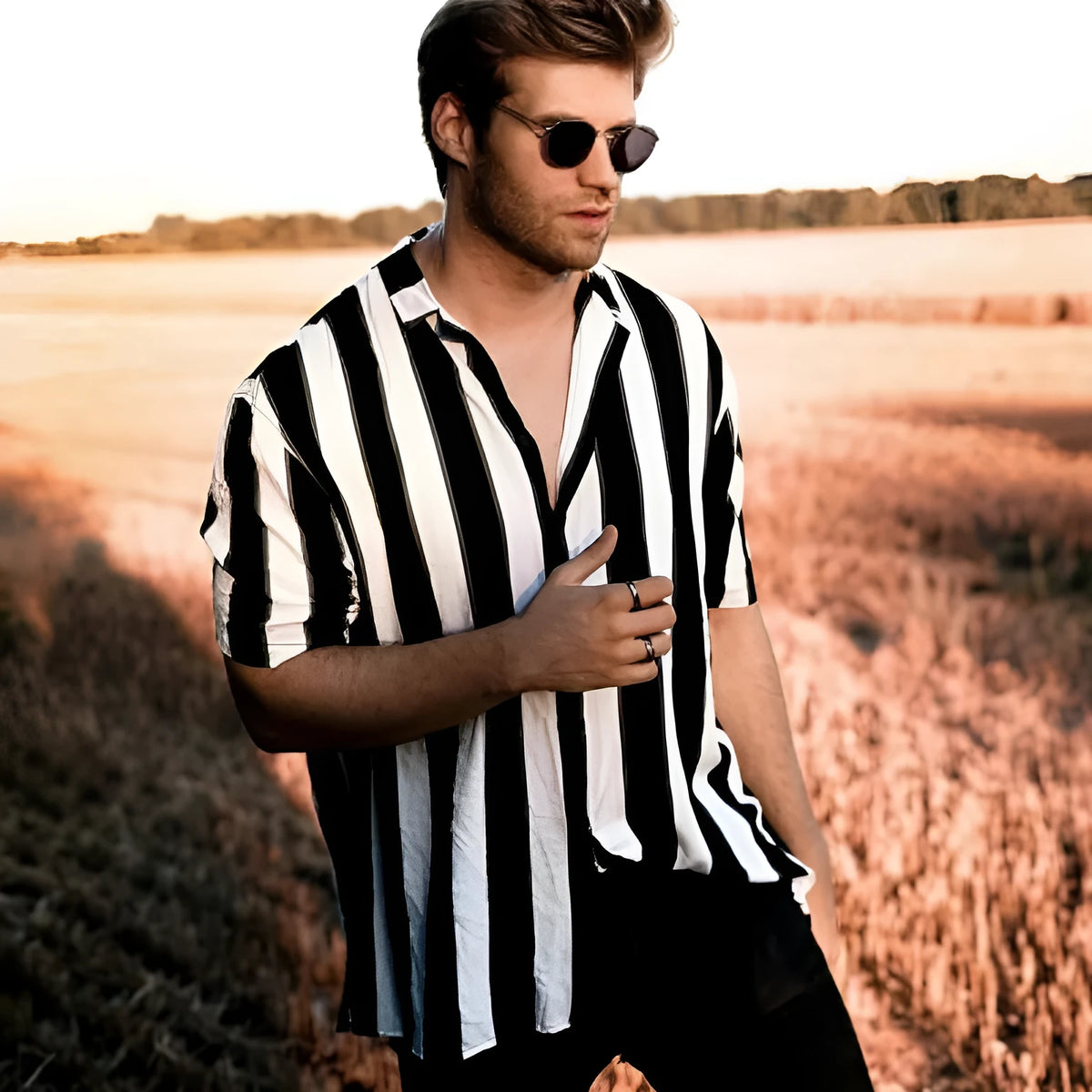 Men's black and white striped short sleeve casual shirt in hemp cotton blend, M to 3XL