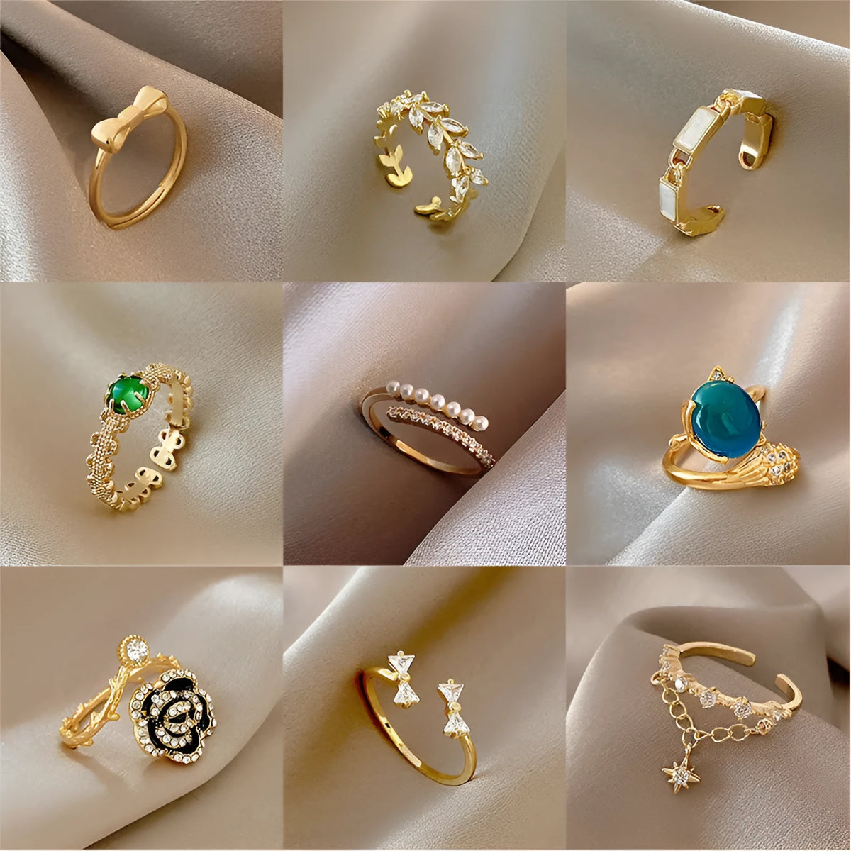 Adjustable copper open ring with electroplated gold or silver finish and geometric bow design, front view