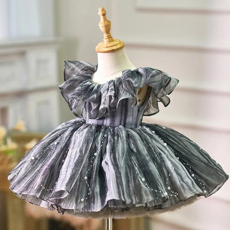 Girls birthday party dress in high grade gray, princess style, polyester lined, sizes 80cm to 160cm