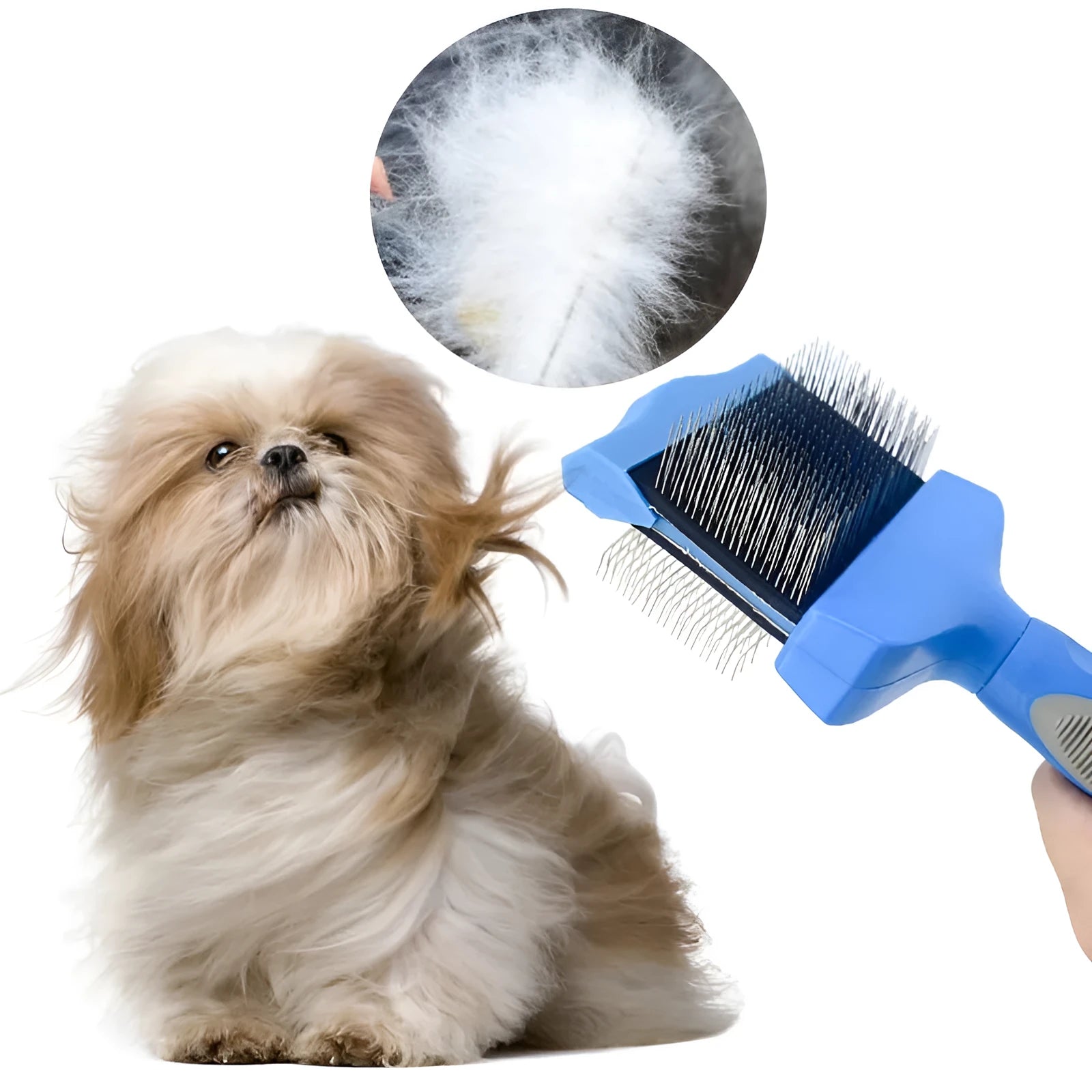 Double-sided pet grooming brush with stainless steel bristles in blue colour