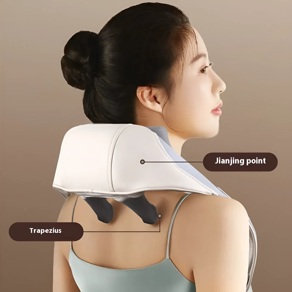 Blue rechargeable electric neck and back massager showing foldable design and compact 230x135x160mm size