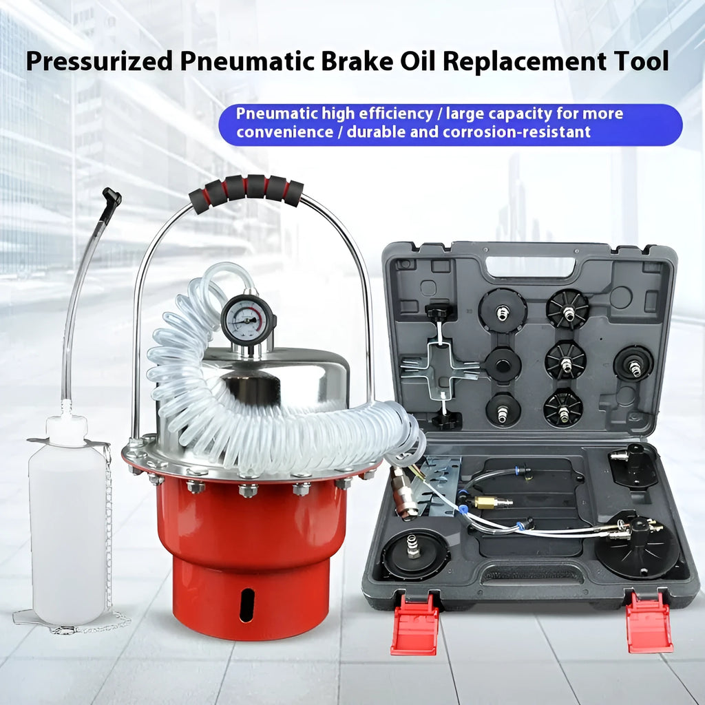 Pneumatic brake fluid replacement machine with 10 litre tank and manual pressure control gauge