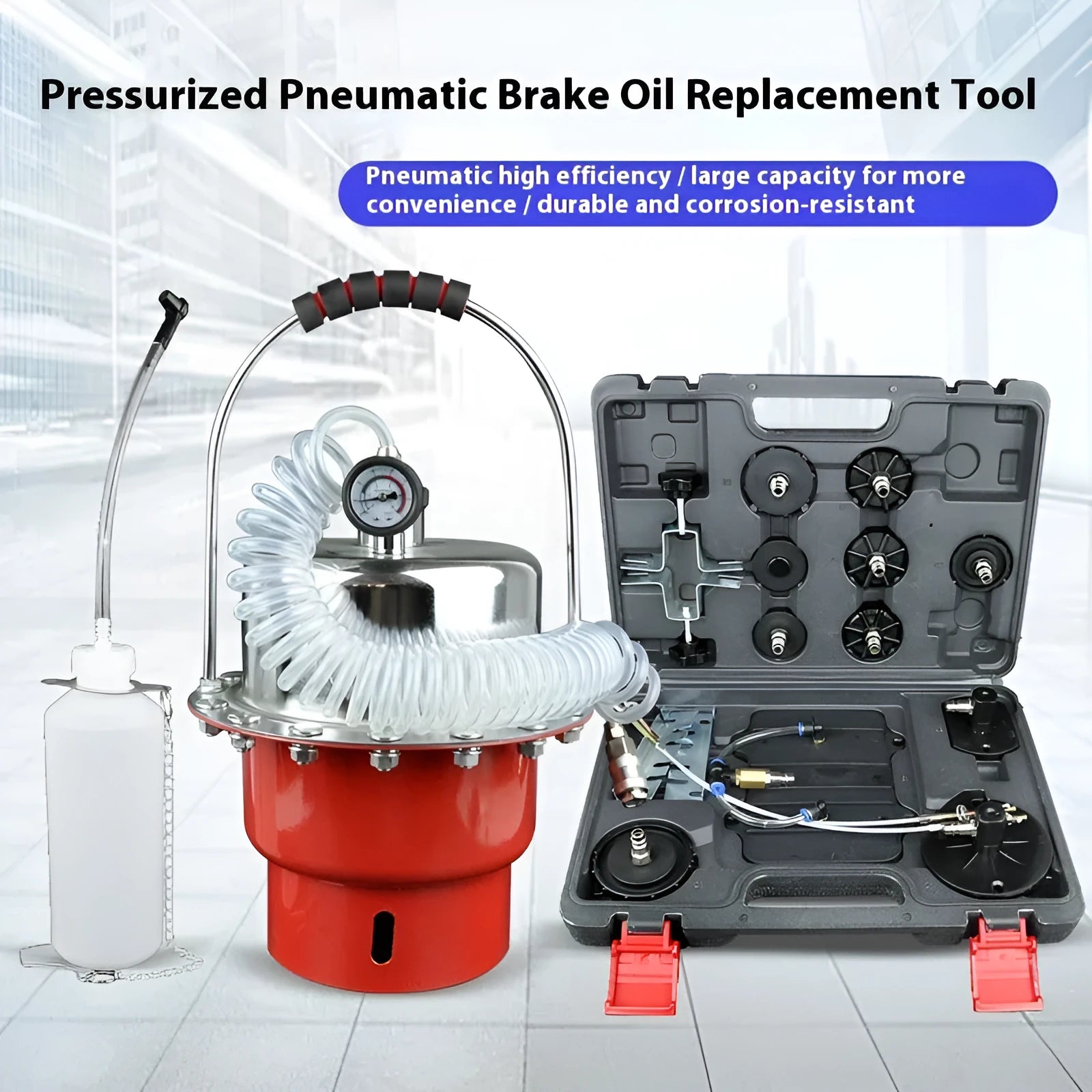 Pneumatic brake fluid replacement machine with 10 litre tank and manual pressure control gauge