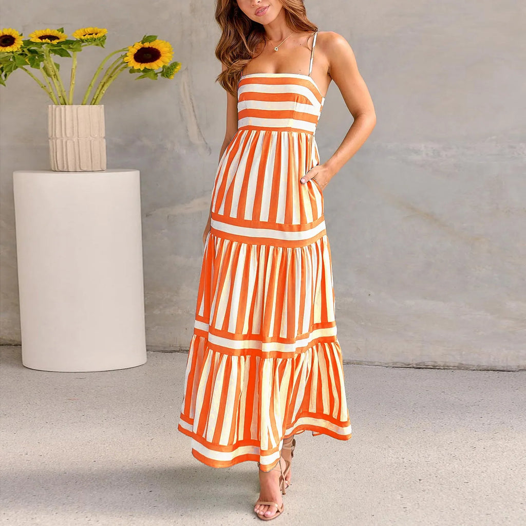 Women's striped summer suspender long dress with pockets and square neck backless design