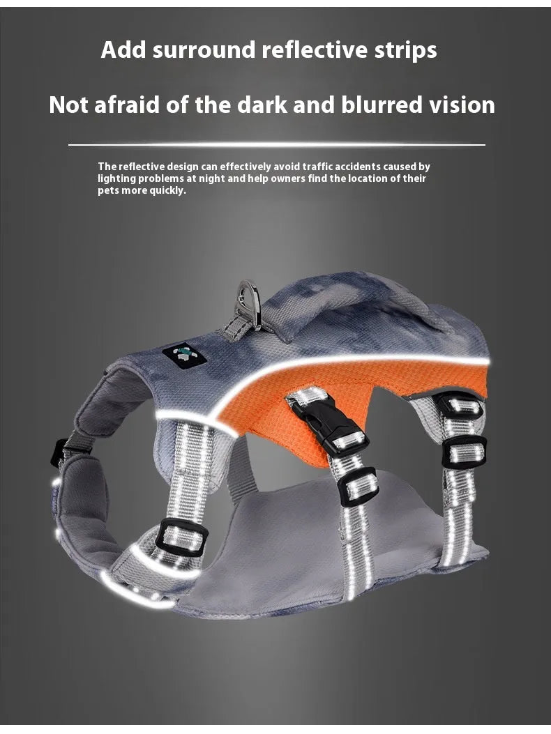 Reflective dog cooling chest strap harness in light blue on a dog.