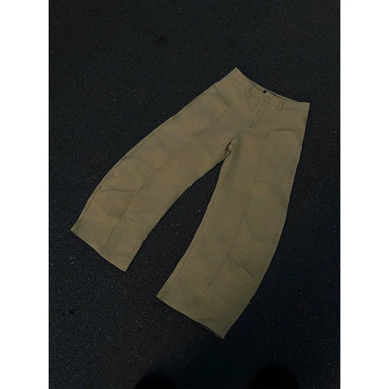 Men's khaki straight-leg cotton trousers showing American retro styling front and back