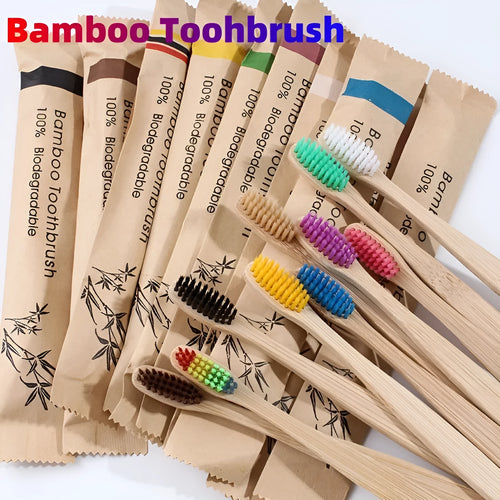 Set of 10 colourful bamboo toothbrushes with charcoal bristles for sustainable dental care